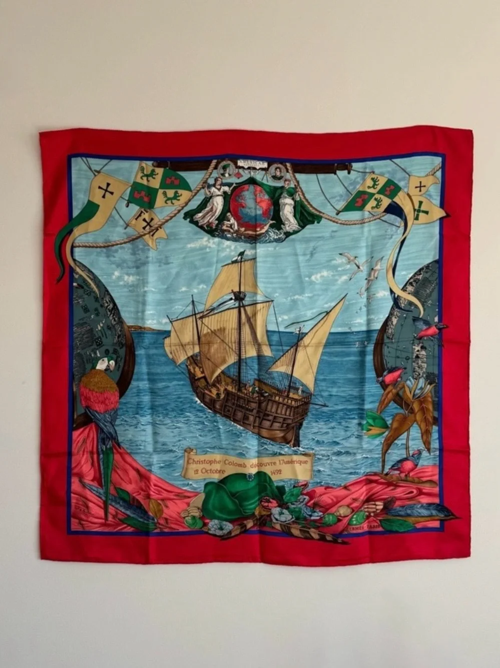 Hermes | Authentic carré titled Christophe Colomb Découvre l’Amérique Silk Scarf